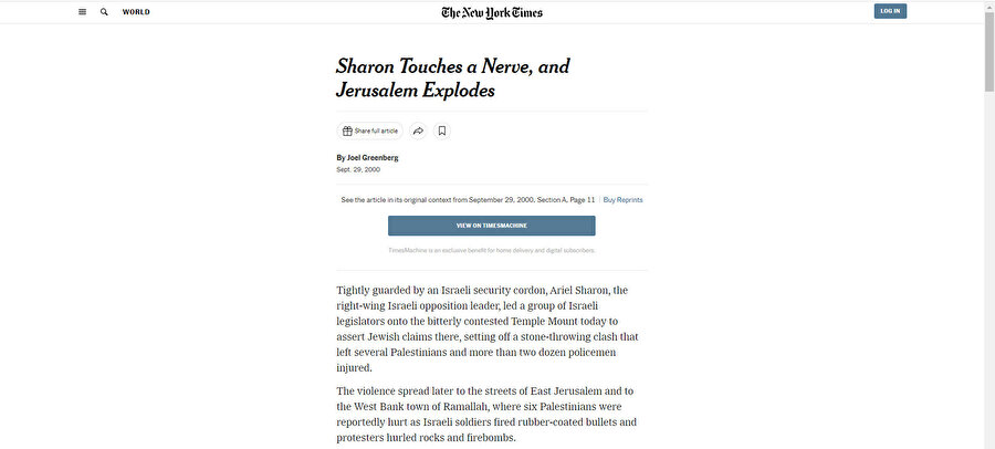 The New York Times'ın 29 Eylül 2000 tarihli haberi: "Şaron hassas noktaya dokundu, Kudüs patladı"