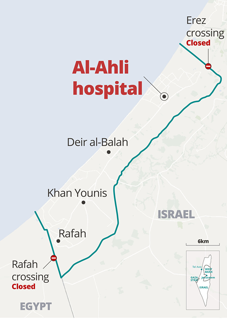 Gazze'deki en eski hastane olan El-Ehli Baptist Hastanesi, Gazze şehir merkezinin yakınında, İsrail’in geri çekilin emri verdiği kuzey Gazze’nin ise güneyinde bulunuyordu.
