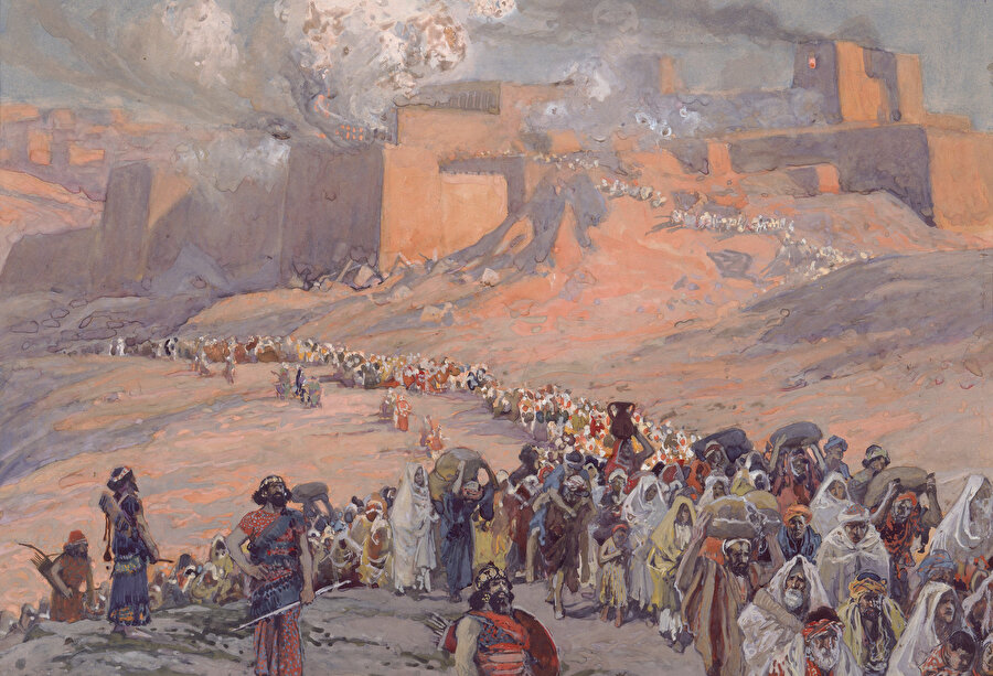 Eski Yahuda Krallığı Yahudilerinin Babil'e sürgün edilmesinin ve Kudüs ile Süleyman Mabedi'nin yıkılmasının tasviri, VI. yüzyıl.