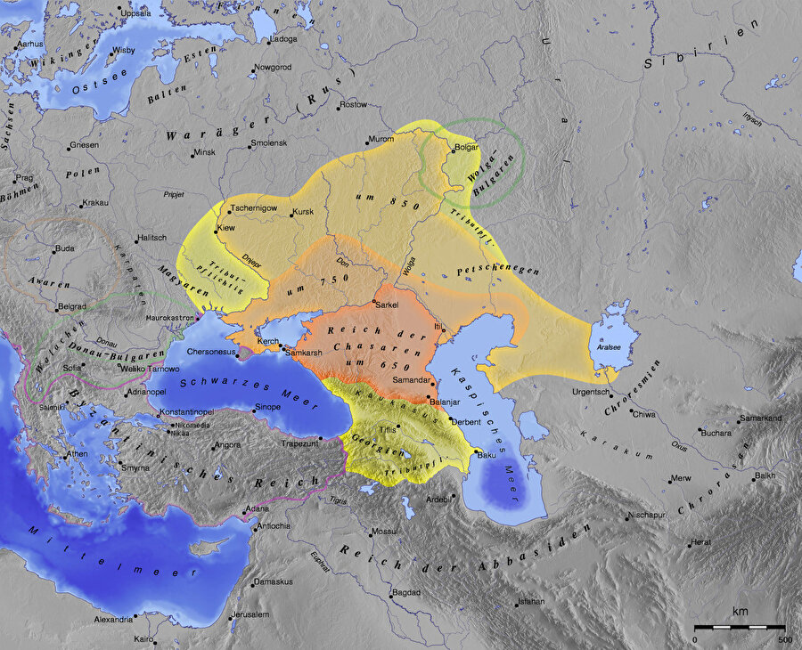 650–850 yılları arasında Hazar Krallığı'nın sınırları.