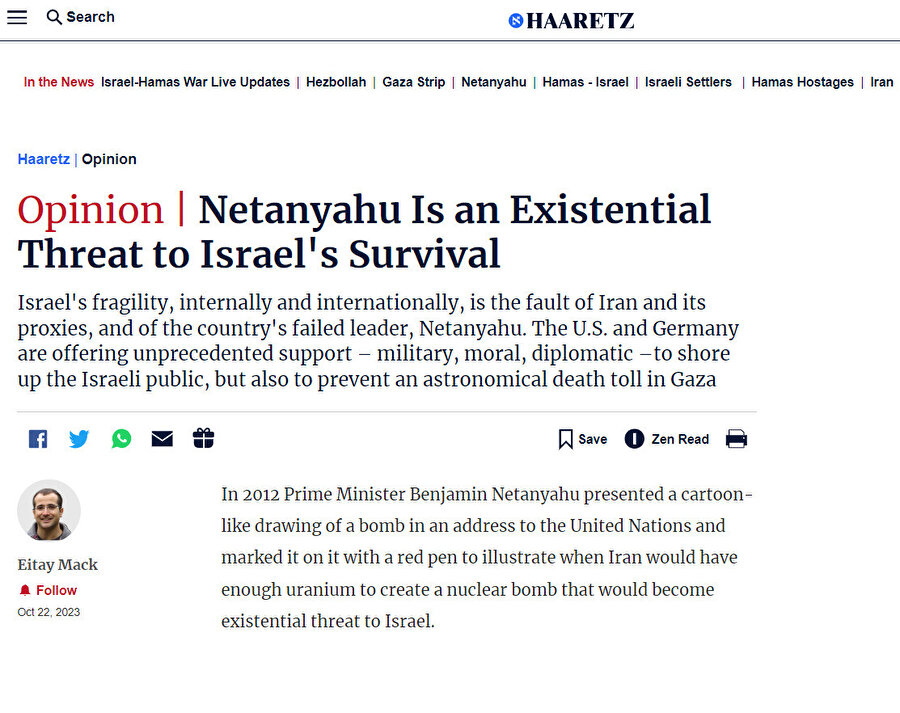 Haaretz (22 Ekim 2023): "Netanyahu İsrail'in Bekasına Yönelik Varoluşsal Bir Tehdittir"