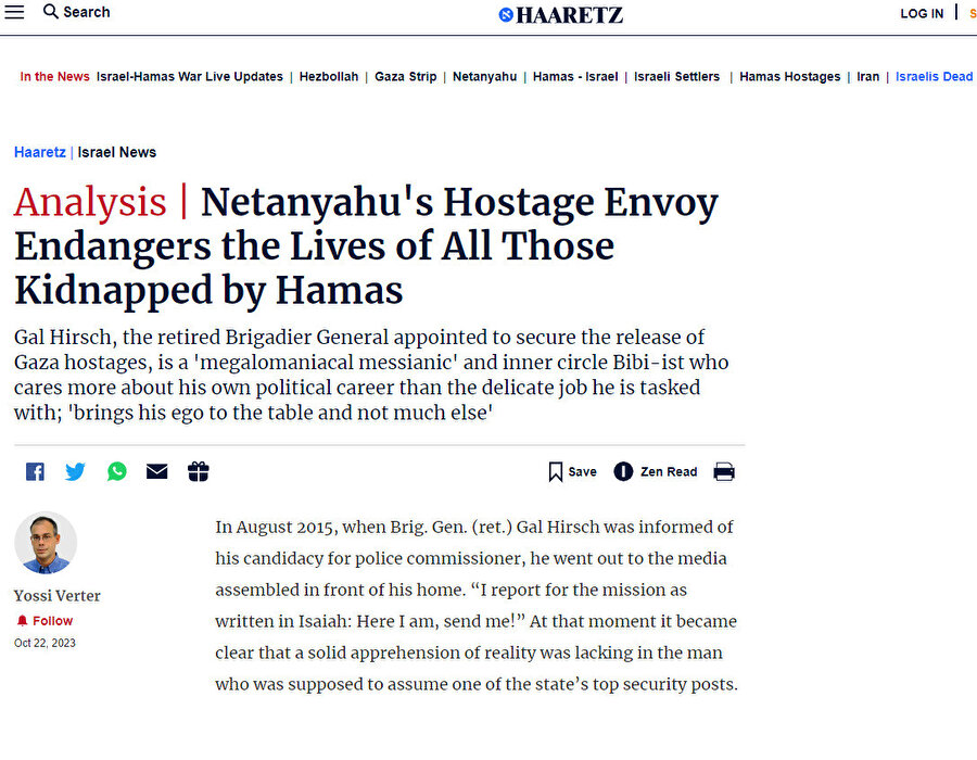Haaretz (22 Ekim 2023): “Netanyahu'nun Rehine Koordinatörü Hamas'ın Kaçırdığı Herkesin Hayatını Tehlikeye Atıyor” 
