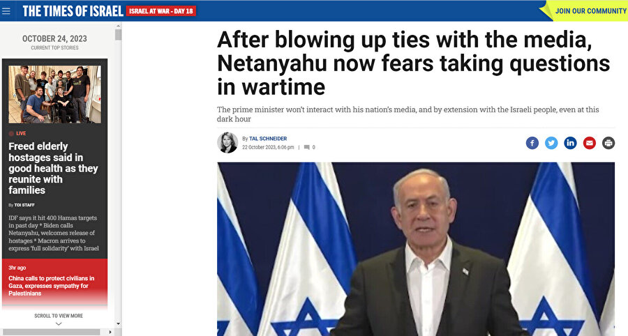 Times of Israel (22 Ekim 2023): "Medyayla bağlarını kopardıktan sonra Netanyahu, artık savaş zamanında soru almaktan korkuyor"