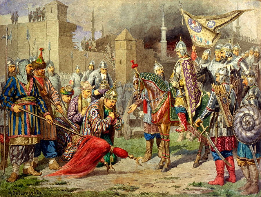 Rus Ressam Aleksey Kivshenko tarafından yapılan, Kazan'ın Rus Çarı IV. Ivan'a teslim edilmesini gösteren tablo.