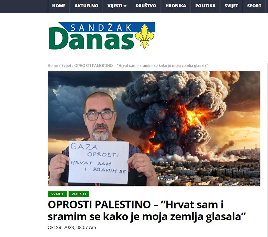 Sandzak Danas’ın “Üzgünüm Filistin - “Ben bir Hırvat’ım ve ülkemin verdiği oydan utanıyorum”” başlıklı haberi.