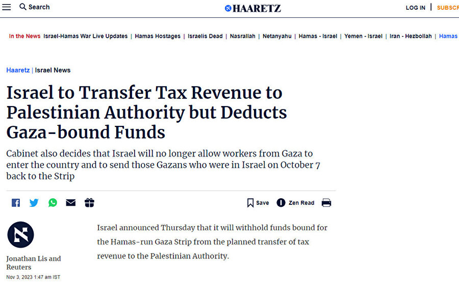 Haaretz - 2 Ekim 2023: "İsrail Vergi Gelirlerini Filistin Yönetimine Aktaracak Ancak Gazze'ye Giden Fonları Kesecek"