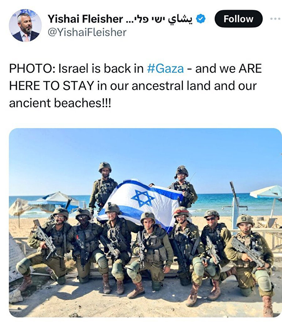 Asıl amaçları Hamas'la savaşmak olmayan, "Atalarının topraklarına ve kadim plajlarına geri dönen" sömürgeci İsrail askerleri Gazze sahillerine inip bayrak açtılar, 8 Kasım 2023.