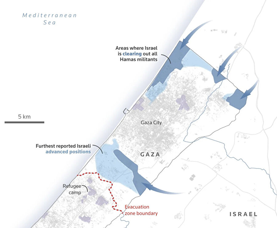 IDF Sözcüsü Daniel Hagari, İsrail kuvvetlerinin Gazze şehrini tamamen kuşattığını ve kıyı bölgesini ikiye böldüğünü belirterek “bugün Gazze'nin kuzeyi ve Gazze'nin güneyi var" dedi. 