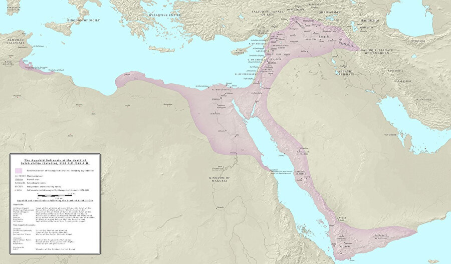 1193'te Salahaddîn Eyyûbî'nin vefatında Eyyubi Sultanlığı'nın sınırları.