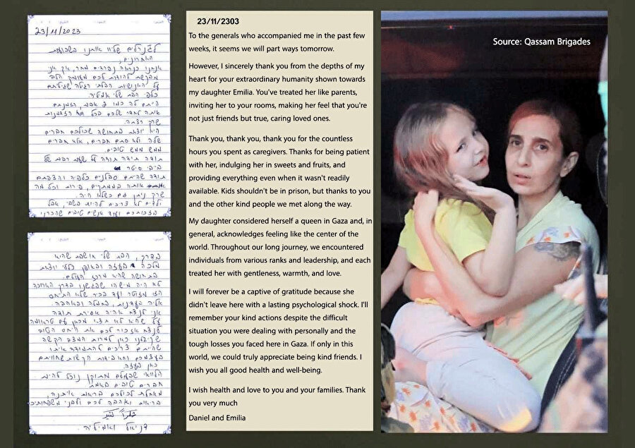 Hamas'ın serbest bıraktığı Daniel isimli İsrailli esirin kızı Emilia'ya iyi davranan Kassam Tugayları'na bıraktığı mektup ve İngilizce tercümesi.