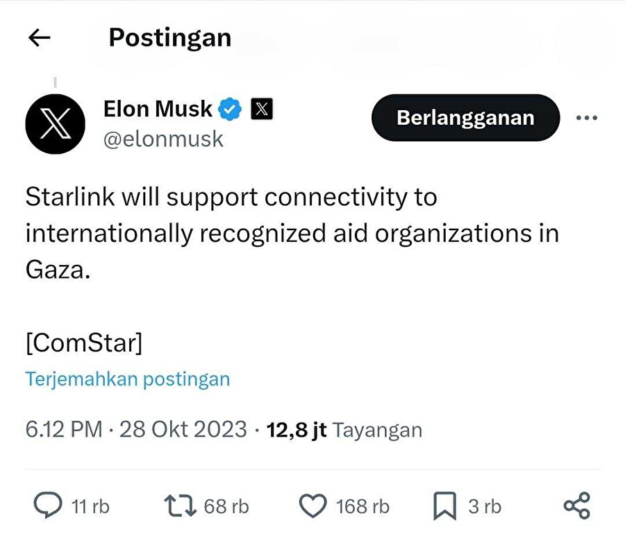 Musk, bir ay önce, Starlink uydu internet sistemi firmasının Gazze Şeridi'ndeki tanınmış uluslararası yardım kuruluşlarına bağlantı hizmeti sunacağını duyurmuştu.