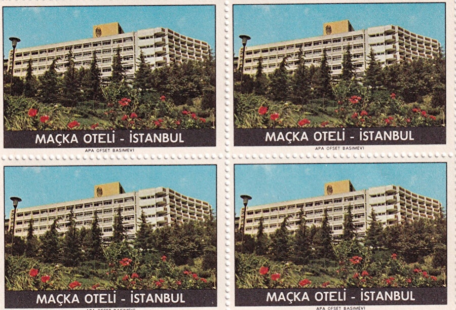 Dönemin pullarından birinde Maçka Oteli, Kaynak: Phebus.