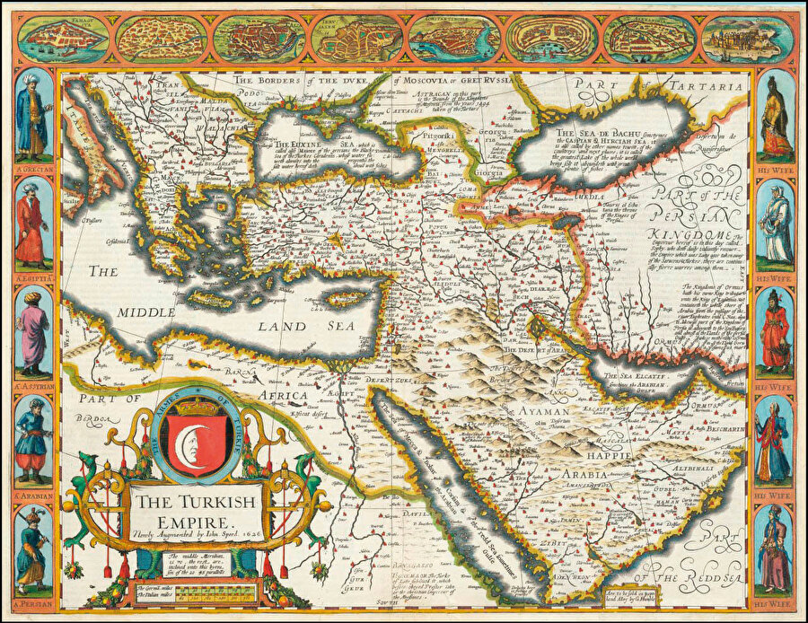 "The Turkish Empire" İngiliz kartografya uzmanı John Speed'in 1626 tarihinde hazırladığı Osmanlı İmparatorluğu haritası.