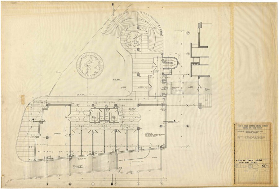 1/50 ölçekli çarşı ve apartman girişi planı, Kaynak: Doğan Tekeli arşivi, Salt Araştırma.