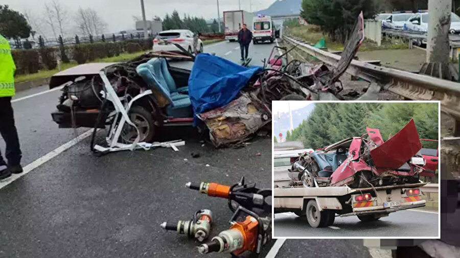Trabzon'da feci kaza: Bariyere çarpan otomobil parçalandı