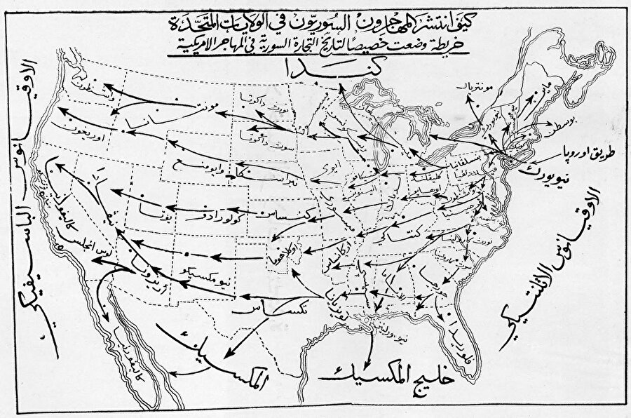 Suriyeli göçmenlerin Amerika Birleşik Devletleri’nde nasıl yayıldığını gösteren 1921 tarihli harita.
