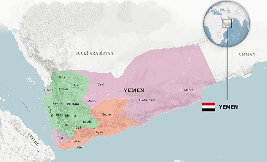 Yemen hâkimiyeti 3’e bölünmüş durumda: Yeşil alan Yemen hükümeti kontrolünde; Kırmızı alan Hûsîlerin kontrolünde, Sarı alan BAE destekli Güney Geçiş Konseyi güçleri kontrolünde bulunuyor.