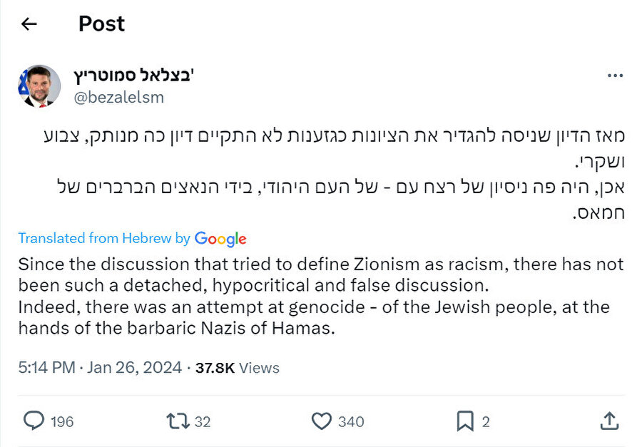İsrail'in aşırı sağcı Maliye Bakanı Bezalel Smotrich, "Hamas'ın Yahudi halkına soykırım yapma girişiminde bulunduğunu" iddia etti. 