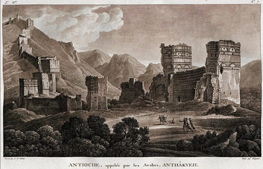 Antakya'da 526 yılında gerçekleşen depremde yıkılan Seleukos Sarayı'nın tasviri.