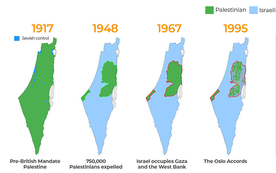 1967 sınırları, İsrail’in 6 Gün Savaşı’ndan beri işgal altında tuttuğu Batı Şeria, Doğu Kudüs ve Gazze’ye atfedilen topraklardan oluşuyor.