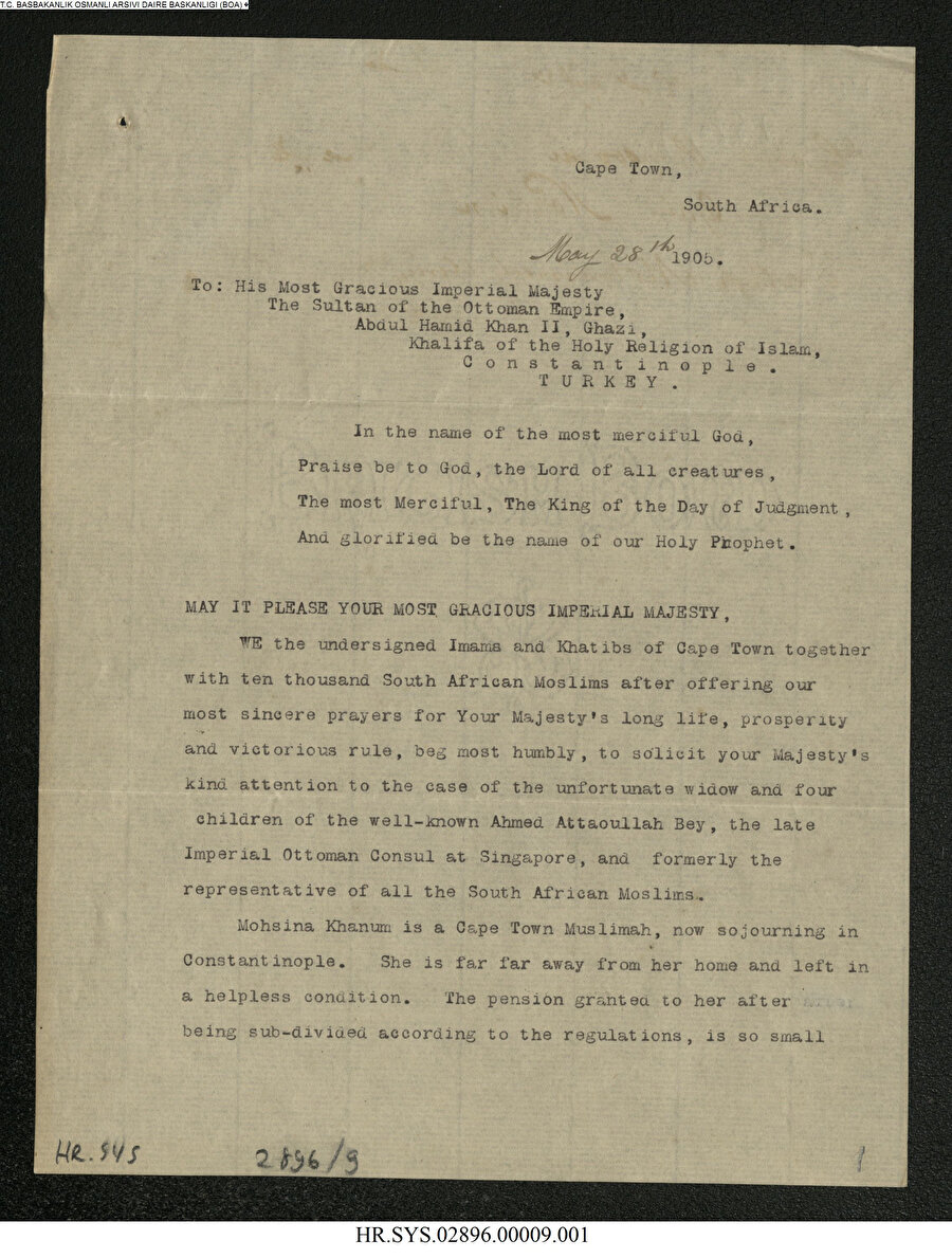 Güney Afrikalı Müslümanlar, umut kaynağı olarak gördükleri Osmanlı padişahı II. Abdülhamid’e mektuplar yazarak ona, dertlerini ve sıkıntılarını ifade etmekteydiler.