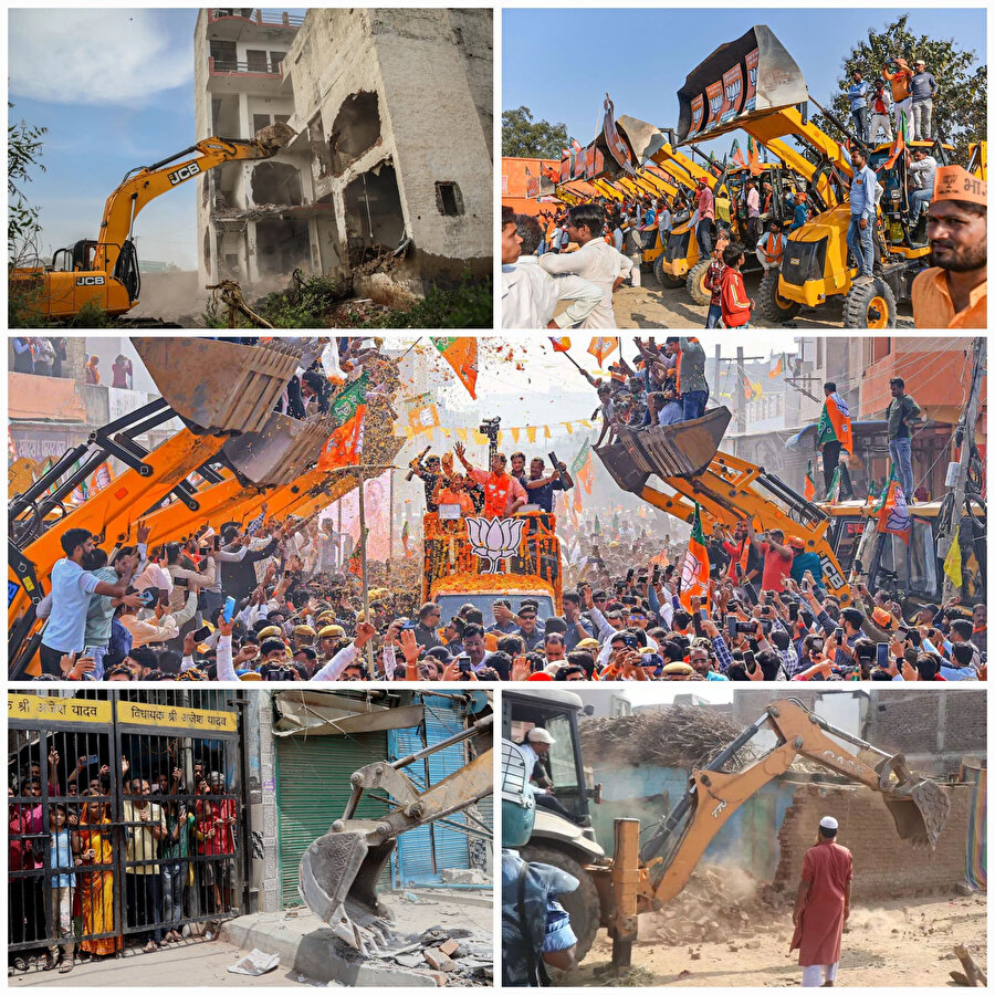 Hindu çoğunluklu ülkedeki bazı sağcı politikacılar İngiliz yapımı JCB buldozerleri şirketine 'Cihatçı Kontrol Kurulu' adını verirken, uygulamayı Müslümanlara ait evlerin yıkılmasını 'buldozer adaleti' olarak adlandırıyor.