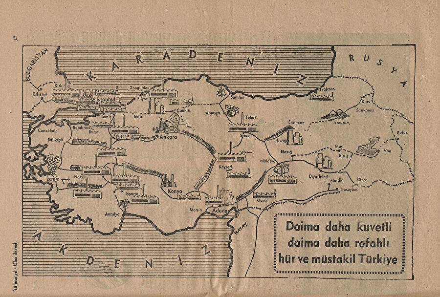 Ulus gazetesinde Cumhuriyet’in 15. Yılında ülkedeki fabrikaları gösteren harita, Kaynak: Salt Araştırma arşivi.
