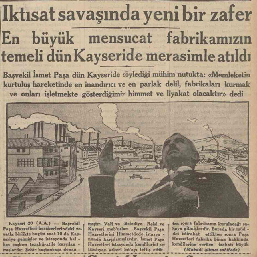 Fabrikanın temelinin atıldığını duyuran 21 Mayıs 1934 tarihli gazete haberi, Kaynak: Cumhuriyet gazetesi arşivi.