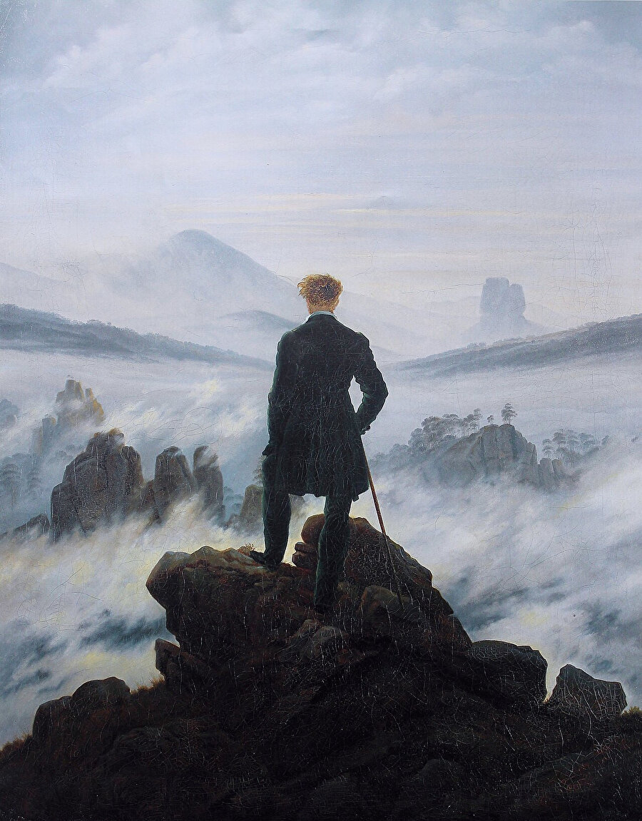 Caspar David Friedrich, Bulutların Üzerinde Yolculuk, (Wanderer Above the Sea of Fog), 95x75cm, tuval üzerine yağlı boya (1818).