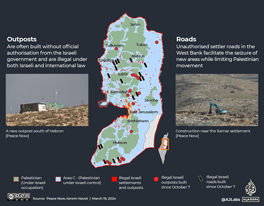 İsrail'in 7 Ekim'den bugüne işgal altındaki Batı Şeria'da inşa ettiği yasa dışı karakollar (kırmızı altıgen) ve yolları (siyah şerit) gösteren 19 Mart tarihli bir harita.