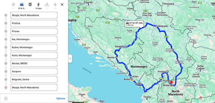 Makedonya’dan başlayıp sırasıyla Kosova, Karadağ, Bosna, Sırbistan ve tekrar Makedonya’ya ulaşan rota.