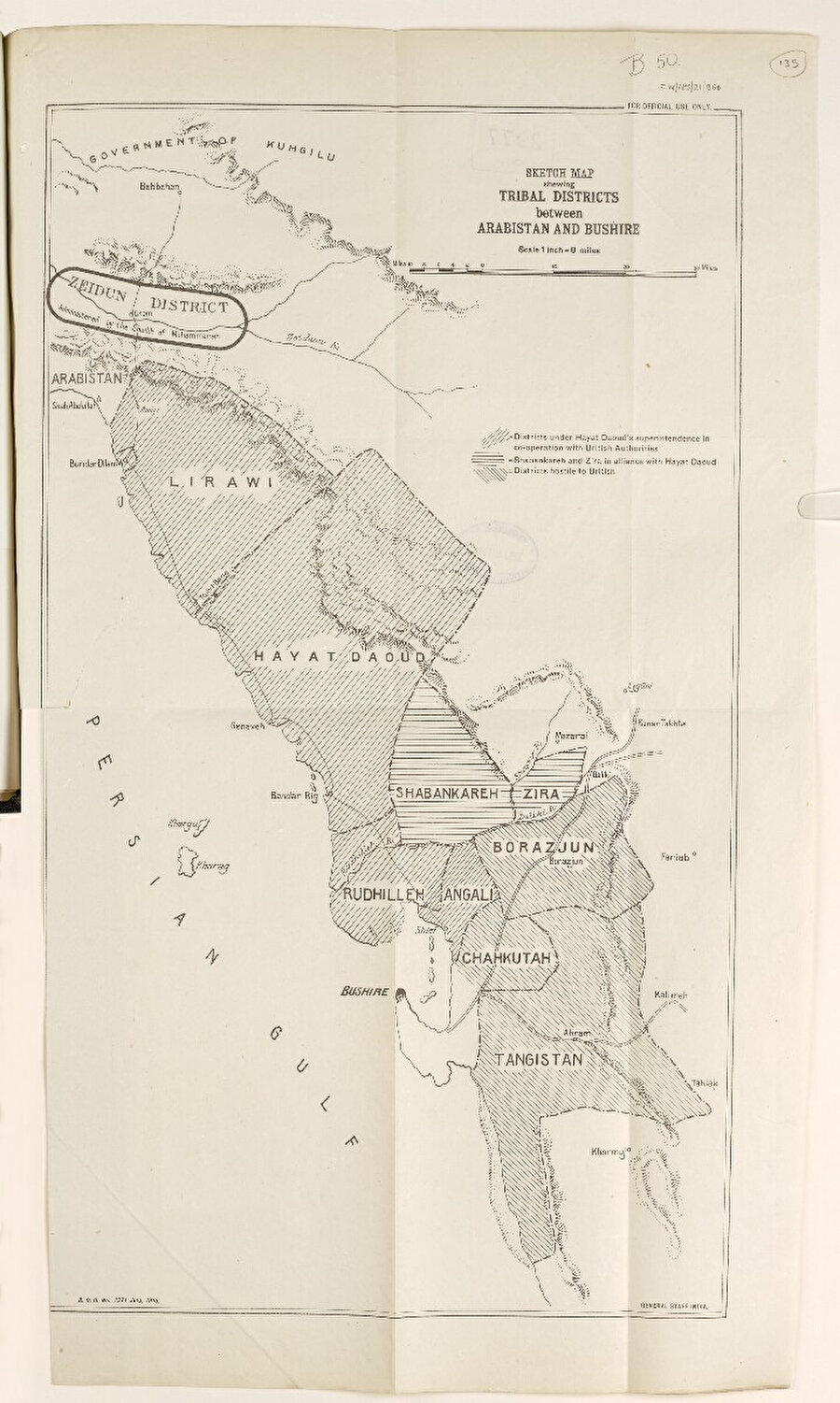 İngiliz işgali altındaki Buşehr’de yerel kabile bölgelerini ve ittifaklarını gösteren siyasî harita, 1915.