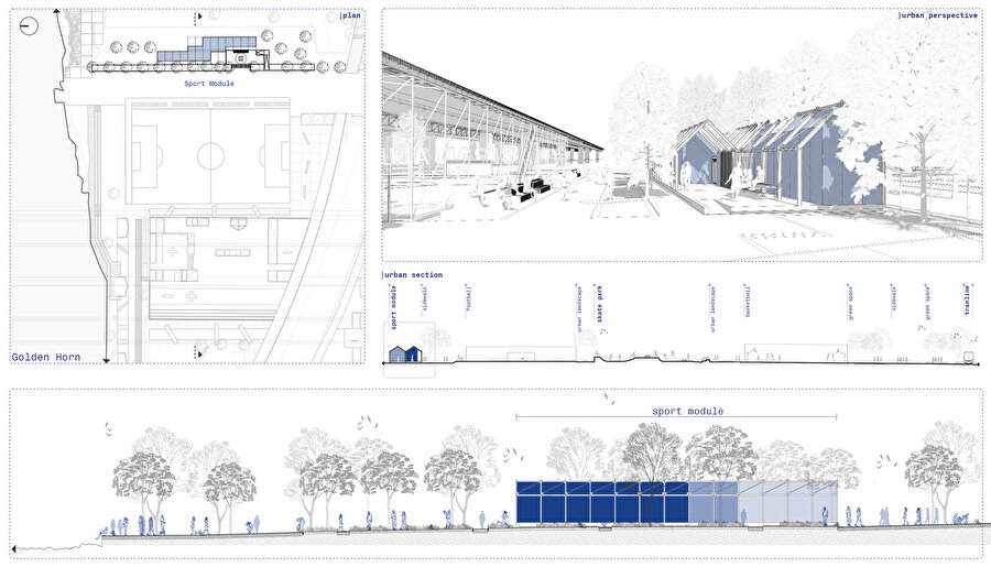  Spor modüllerinin plan, kesit ve model bilgileri.