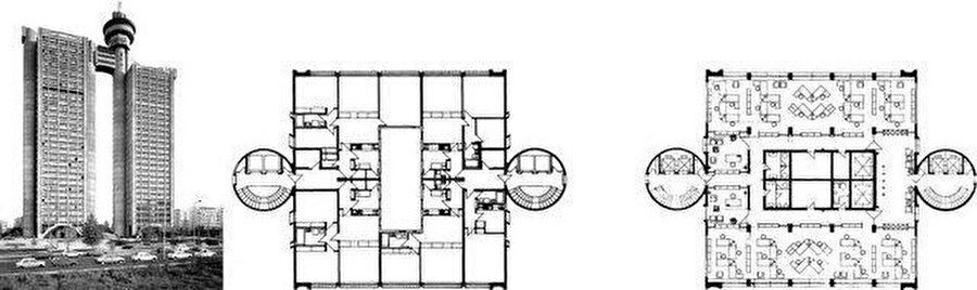 Konut ve Ofis kulelerinin planları. Özellikle ofis birimlerinde serbest mekânsal hacimler yaratılarak kullanımda esneklik sağlanmıştır. Sanja Simonovic Arşivi 