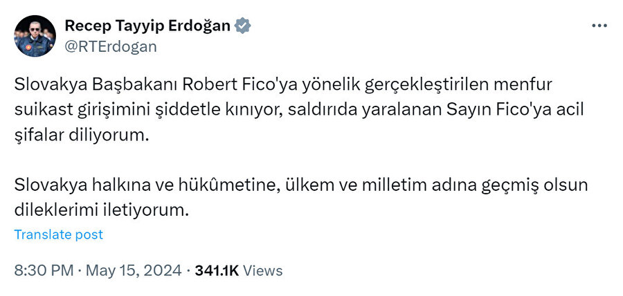 Cumhurbaşkanı Erdoğan'dan Slovakya'ya geçmiş olsun mesajı