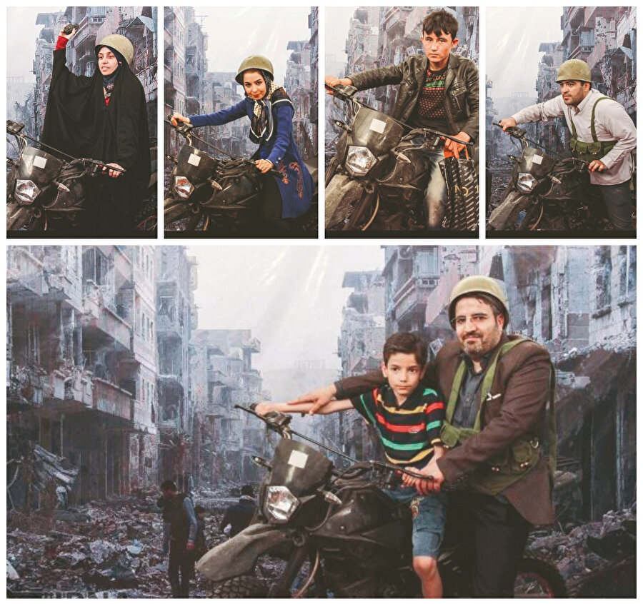 Halep'teki yıkım fotoğrafı içinde Tahran'da hatıra fotoğrafı çekmek için stüdyoya girenler.