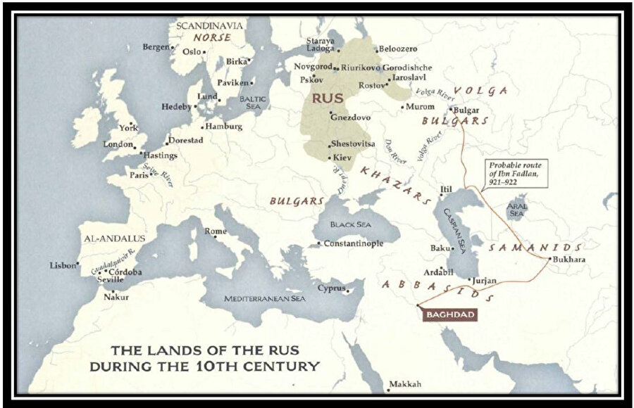İbn Fadlân'ın Bağdat'tan Bulgar Hanlığı'na gerçekleştirdiği yolcuğunun haritası.