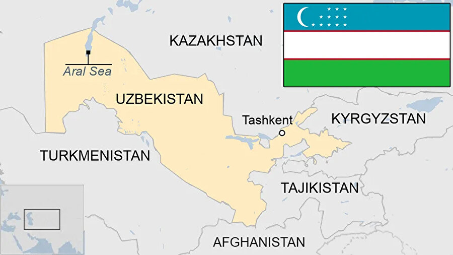 Özbekistan; kuzeyde Kazakistan, güneyde Afganistan, güneydoğuda Tacikistan, kuzeydoğuda Kırgızistan ve güneybatıda Türkmenistan ile sınırdır.