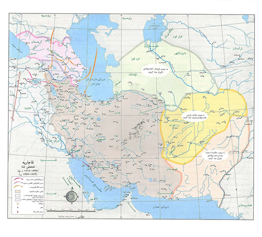 Kaçar Hanedanlığı'nın sınırları (1796-1925).