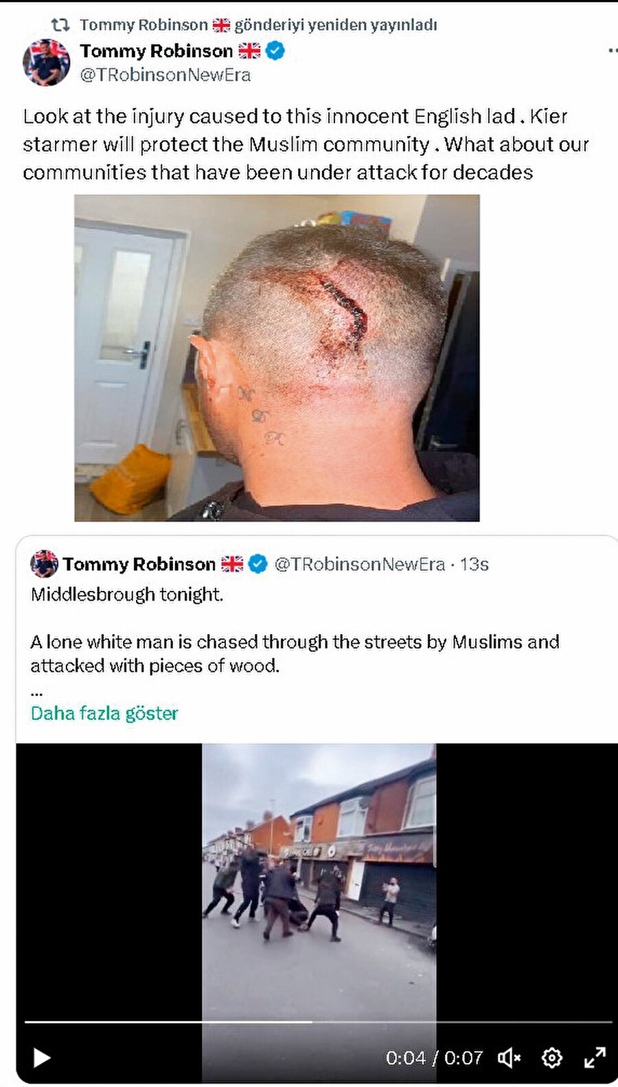 Tommy Robinson yurtdışından attığı tivitlerle İngiltere'yi karıştırmaya devam etti.