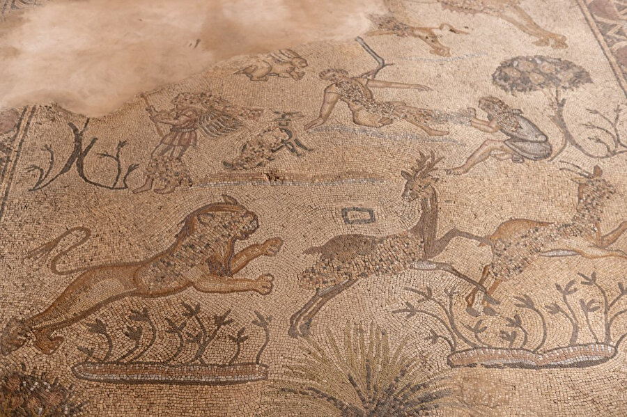 Bizans döneminden kalma Cibaliye Kilisesi’nin kalıntılarına ev sahipliği yapan arkeolojik alandaki mozaik zemin, 24 Ocak 2022.