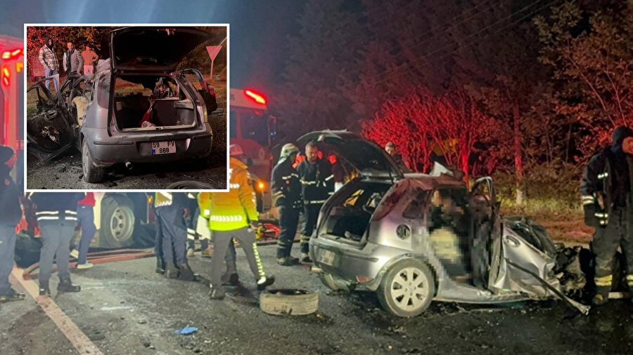 Tekirdağ’da iş makinesine çarpan otomobil alev aldı: 5 kişi hayatını kaybetti