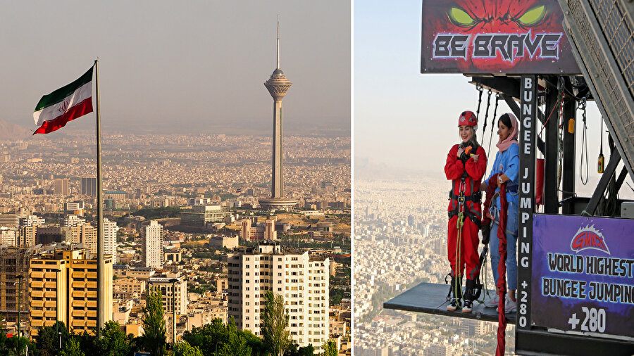 Milad Kulesi'ndeki platformdan atlayanlar, Tahran manzarasını yukarıdan izlerken 280 metre yükseklikten aşağıya doğru hızla süzülmenin verdiği heyecanla unutulmaz bir macera yaşıyor.