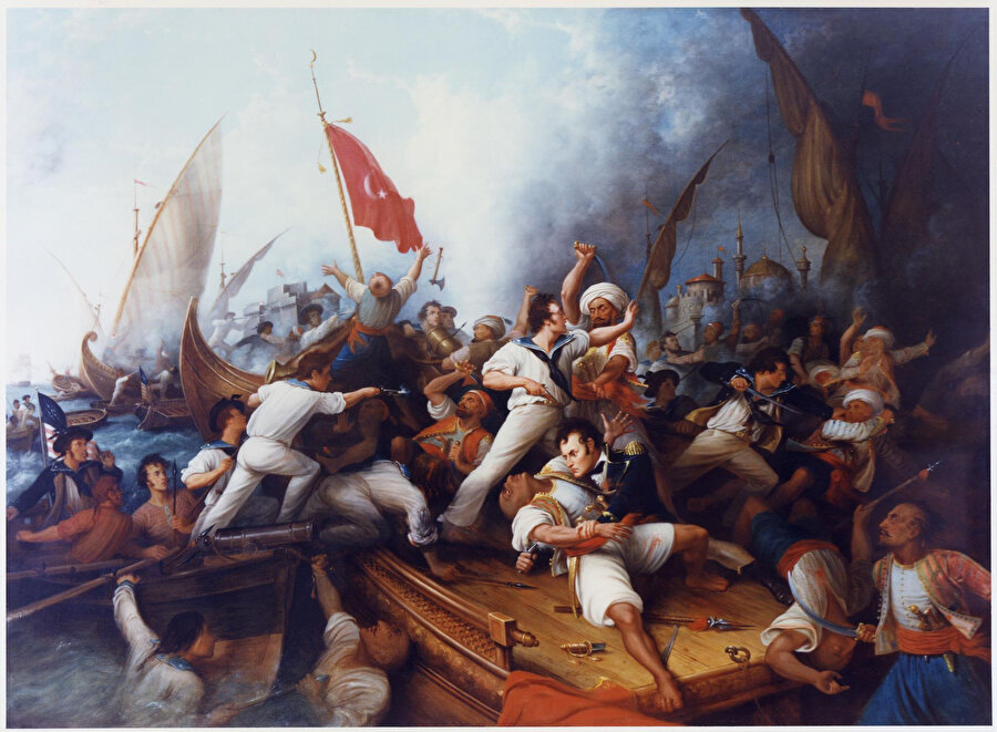 Amerikan Donanmasının ilk deniz zaferi olarak kabul edilen 1804 yılında Osmanlı'ya bağlı Berberi gambotunun ele geçirilmesini ve yere düşen Türk bayrağını gösteriyor. Aynı Amerika, bir yıl sonra 1805'te Trablus dayısına 60 bin dolar haraç vermişti.