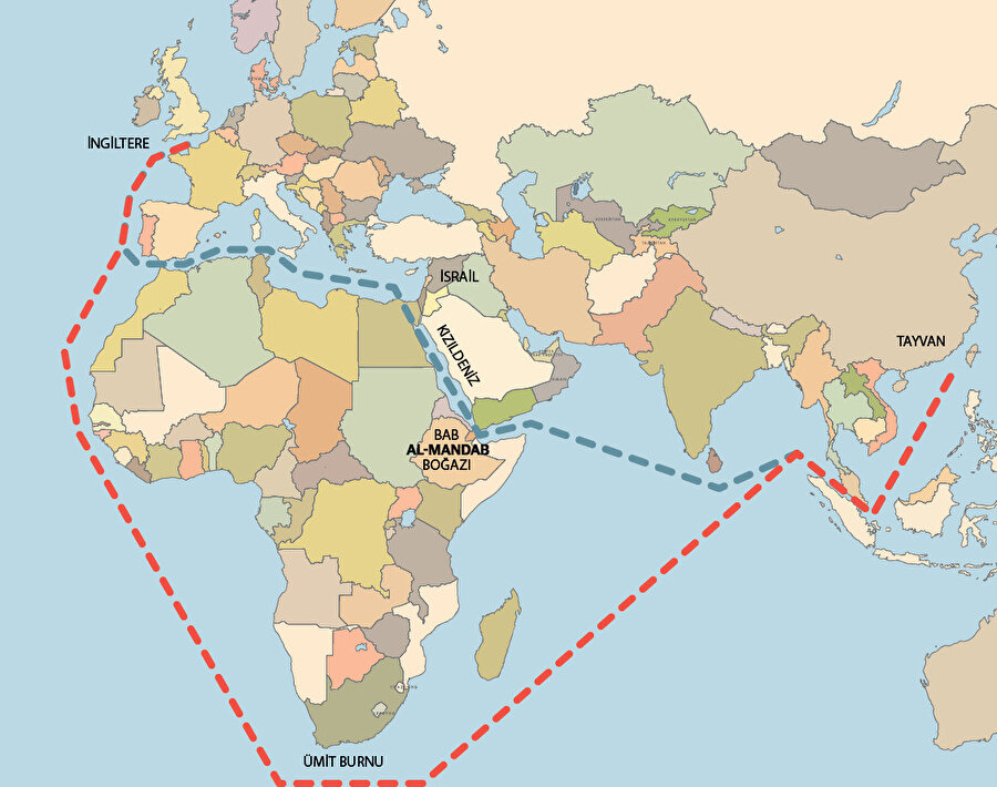 Kızıldeniz ve Süveyş Kanalı rotaları.
