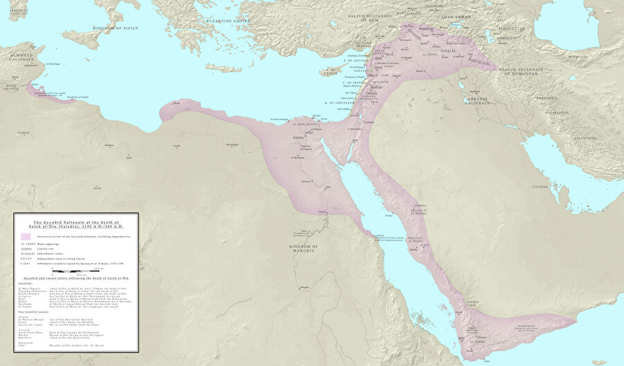 Salahaddîn Eyyûbî vefat ettiğinde, Eyyûbî Sultanlığı'nın sınırları bu şekilde gözüküyordu.
