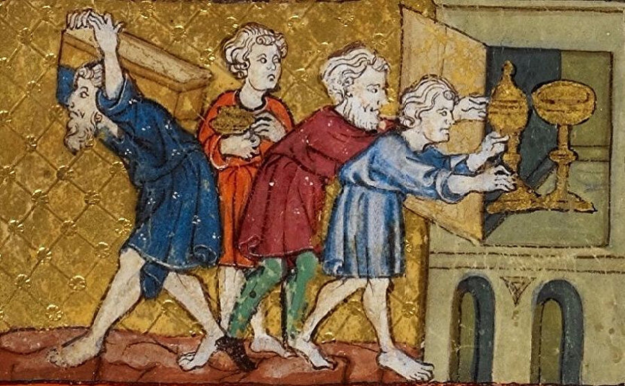 Mısır’dan kaçan İsrailoğulları altınları yanında götürdü (“The Golden Haggadah” - İngiliz Kütüphanesi'nin İbranice el yazmalarından biri, f. 13, 1325–1349).