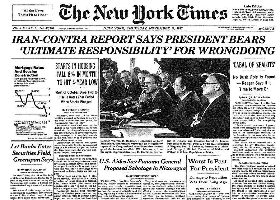 18 Kasım 1987'de, ABD Kongresi Iran-Contra skandalıyla ilgili son raporunu yayınladı ve Başkan Ronald Reagan'ın, İran'a yasadışı silah satışından aktarılan dolarlarla Nikaragua'daki Contra'lara yasadışı fon sağlamanın 'nihai sorumluluğunu' taşıdığı sonucuna vardı.