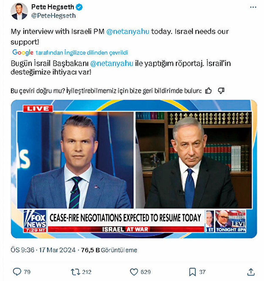 Trump'ın yeni savunma bakanı Pete Hegseth'in netanyahu ile röportajı.