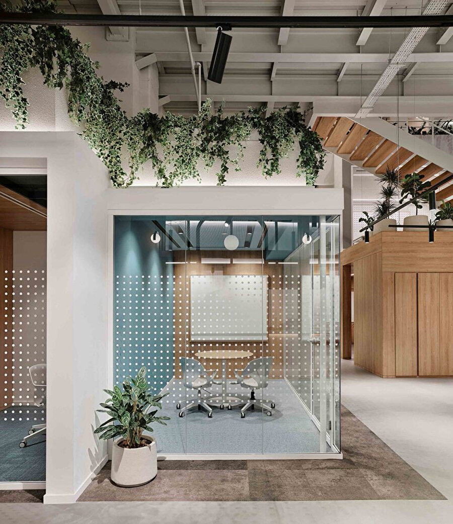 Toplantı odaları, sarmaşık bitkilerle donatılmış tavan detayı ve noktalı cam yüzeylerle dikkat çekiyor. 